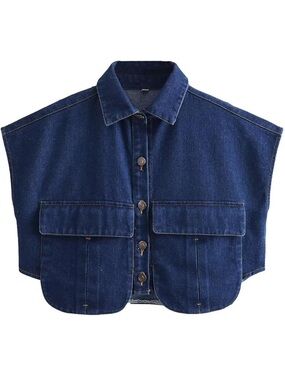 Dark Blue cropped Denim Shirt Jacket with Contrast Stitching